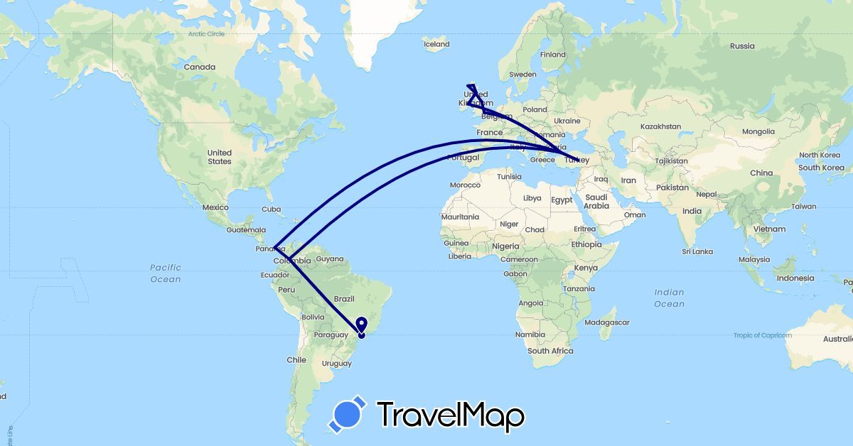 TravelMap itinerary: driving in Brazil, Colombia, Germany, United Kingdom, Ireland, Panama, Turkey (Asia, Europe, North America, South America)